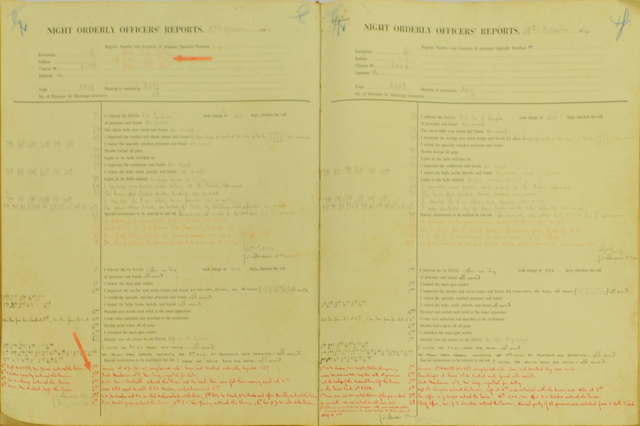 Record of the execution of three condemned prisoners (Calices: Three Wolves) in the early morning of 28 November 1962, was shown in the Night Orderly Officers' Report of Stanley Prison on 27 November 1962.