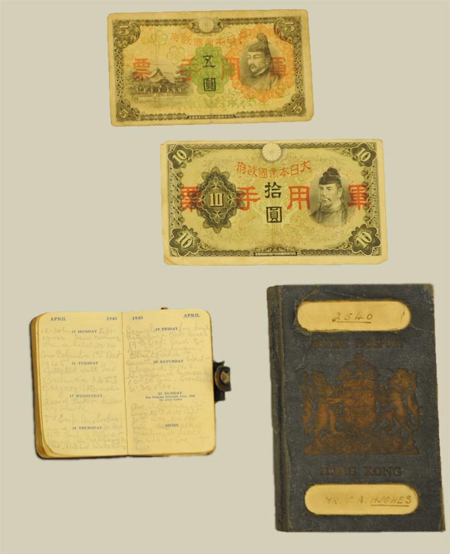 Personal documents and private correspondence of Mr. T. A. Hughes (1899-1982), who was being held in the Stanley Internment Camp in 1943 by the Japanese imperial force during the Second World War. (Japanese military money notes, passport and diary).