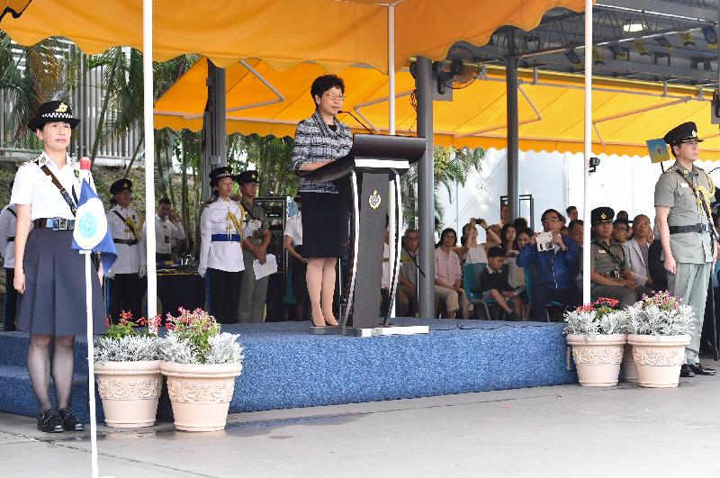 行政长官林郑月娥今日（六月八日）在赤柱惩教署职员训练院举行的学员结业典礼上致辞。