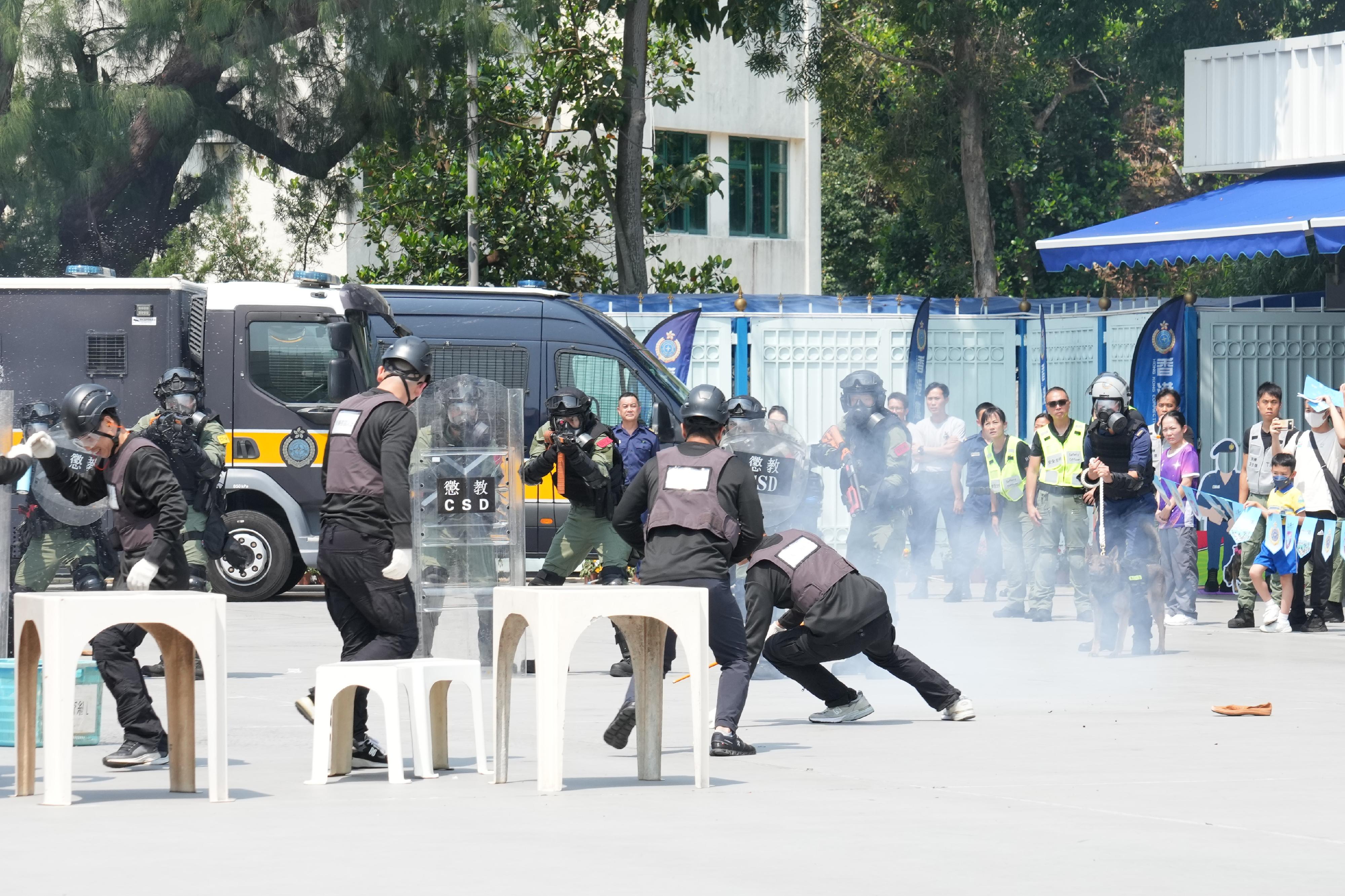To support National Security Education Day on April 15, the Correctional Services Department held an open day at the Hong Kong Correctional Services Academy today (April 13) to raise public awareness of national security and enhance public understanding of its work in safeguarding national security. Photo shows a tactical demonstration by the Regional Response Team.