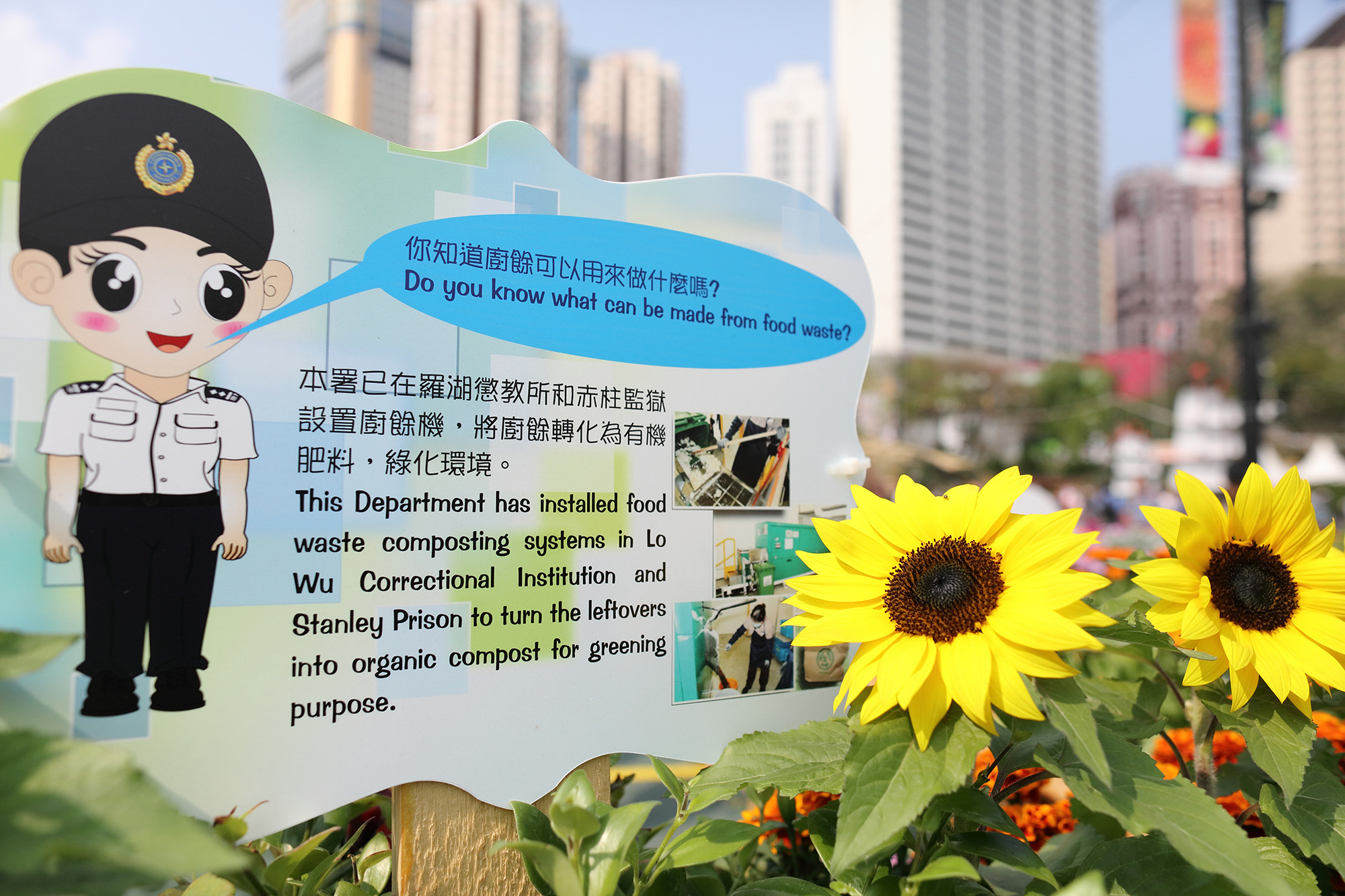 本署於一年一度的香港花卉展覽攤位中，使用棄置卡板及車軚。