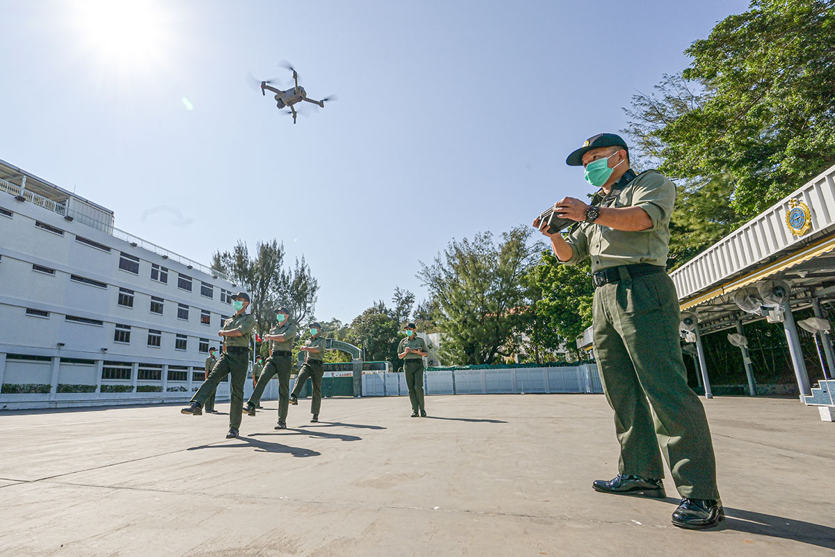 A drone is used to inspect footdrill training.