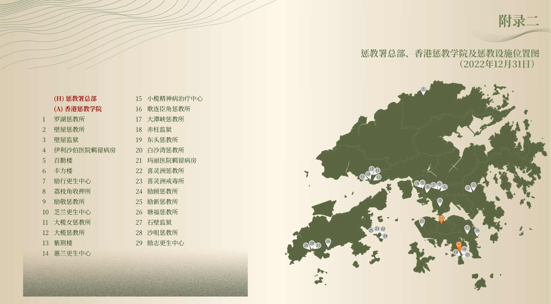 惩教署总部、香港惩教学院及惩教设施位置图