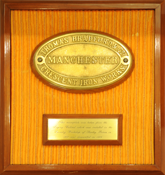 Name plate made in Manchester of the United Kingdom was installed on a Drying Cabinet in the Laundry Workshop of Stanley Prison in 1937 and later dismounted in 1978.