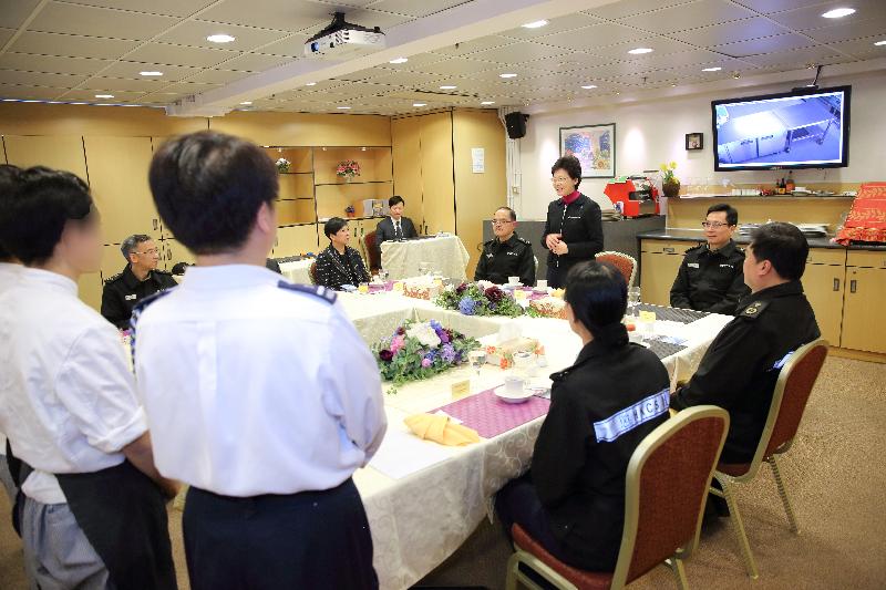 The Chief Secretary for Administration, Mrs Carrie Lam, (fourth right) visits the training restaurant of the Lai King Correctional Institution of the Correctional Services Department today (March 3). She encourages persons in custody to continue to equip themselves for reintegration into society. Accompanying Mrs Lam include the Commissioner of Correctional Services, Mr Yau Chi-chiu (third left); the Deputy Commissioner of Correctional Services, Mr Lam Kwok-leung (second right); the Civil Secretary Miss Dora Fu (second left); the Assistant Commissioner of Correctional Services (Operations), Mr Woo Ying-ming (first left), and the Assistant Commissioner of Correctional Services (Rehabilitation), Mr Tang Ping-ming (first right).