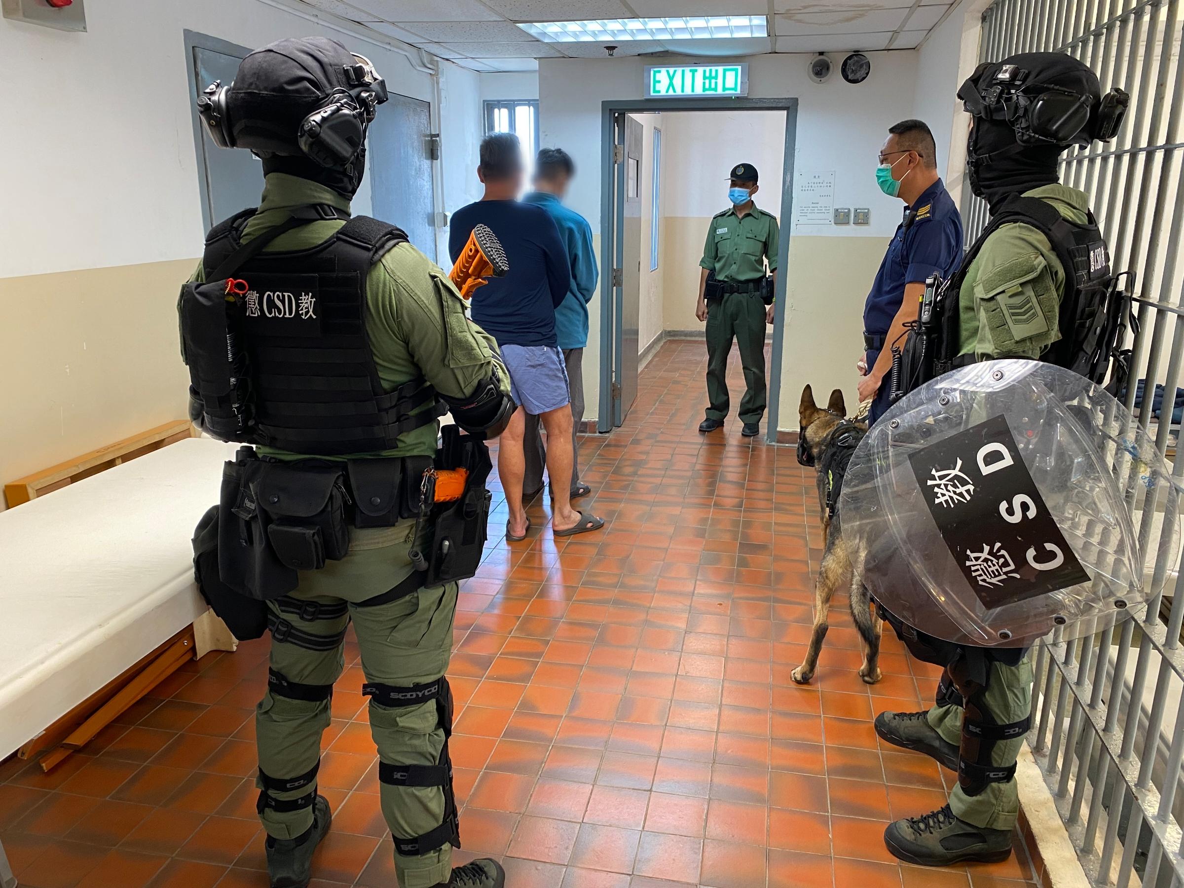 The Correctional Services Department today (December 9) launched an operation to combat illicit activities of persons in custody at Tung Tau Correctional Institution. Photo shows members of the Regional Response Team and the Dog Unit being deployed as backup at Tung Tau Correctional Institution.