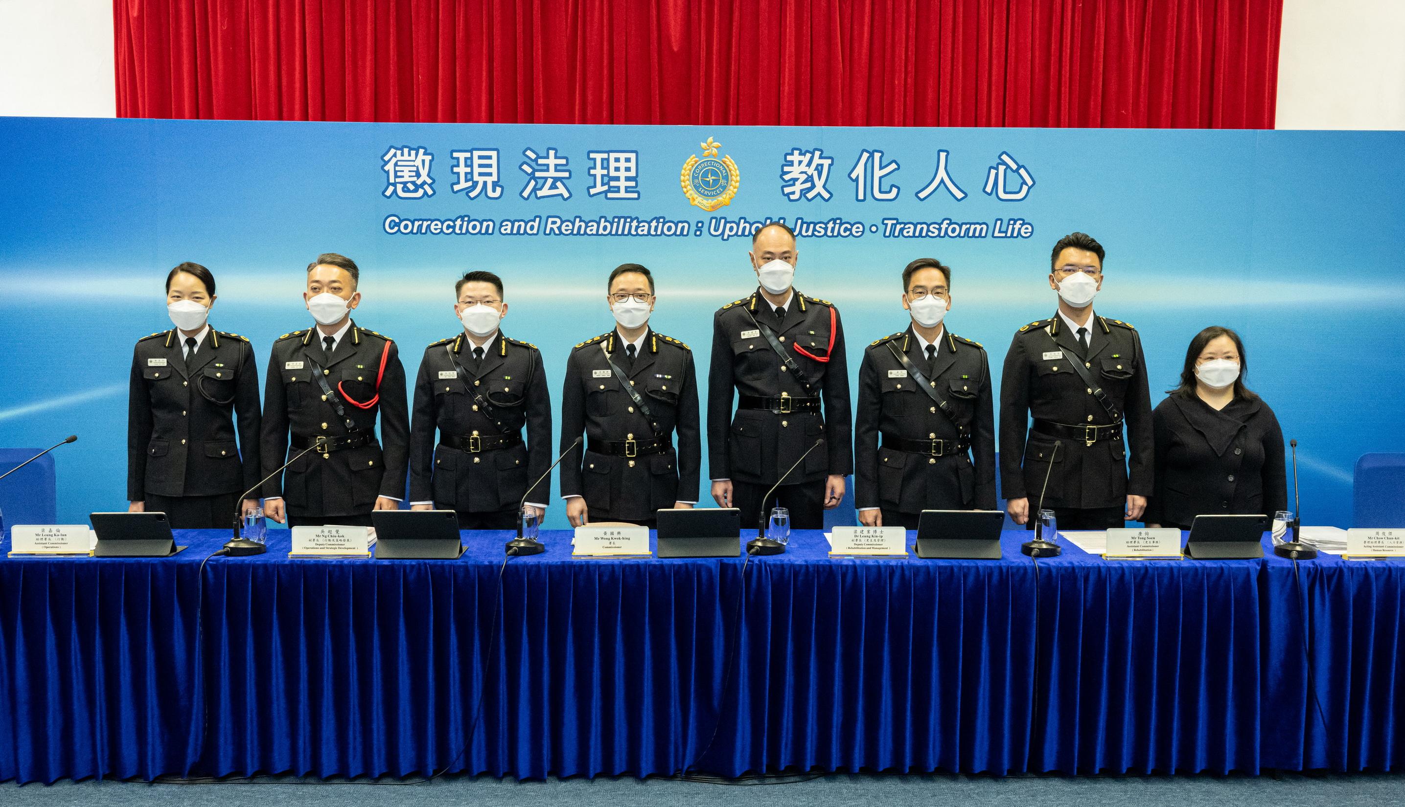 The Commissioner of Correctional Services, Mr Wong Kwok-hing, today (February 23) hosted the annual press conference on the Correctional Services Department's work in 2022. Other directorate officers attending the press conference were (from left) the Assistant Commissioner (Quality Assurance), Ms Chan Ka-yee; the Assistant Commissioner (Operations), Mr Leung Ka-lun; the Deputy Commissioner (Operations and Strategic Development), Mr Ng Chiu-kok; Mr Wong; the Deputy Commissioner (Rehabilitation and Management), Dr Leung Kin-ip; the Assistant Commissioner (Rehabilitation), Mr Tong Soen; the Acting Assistant Commissioner (Human Resource), Mr Chow Chun-kit; and the Civil Secretary, Dr Janet Wong.