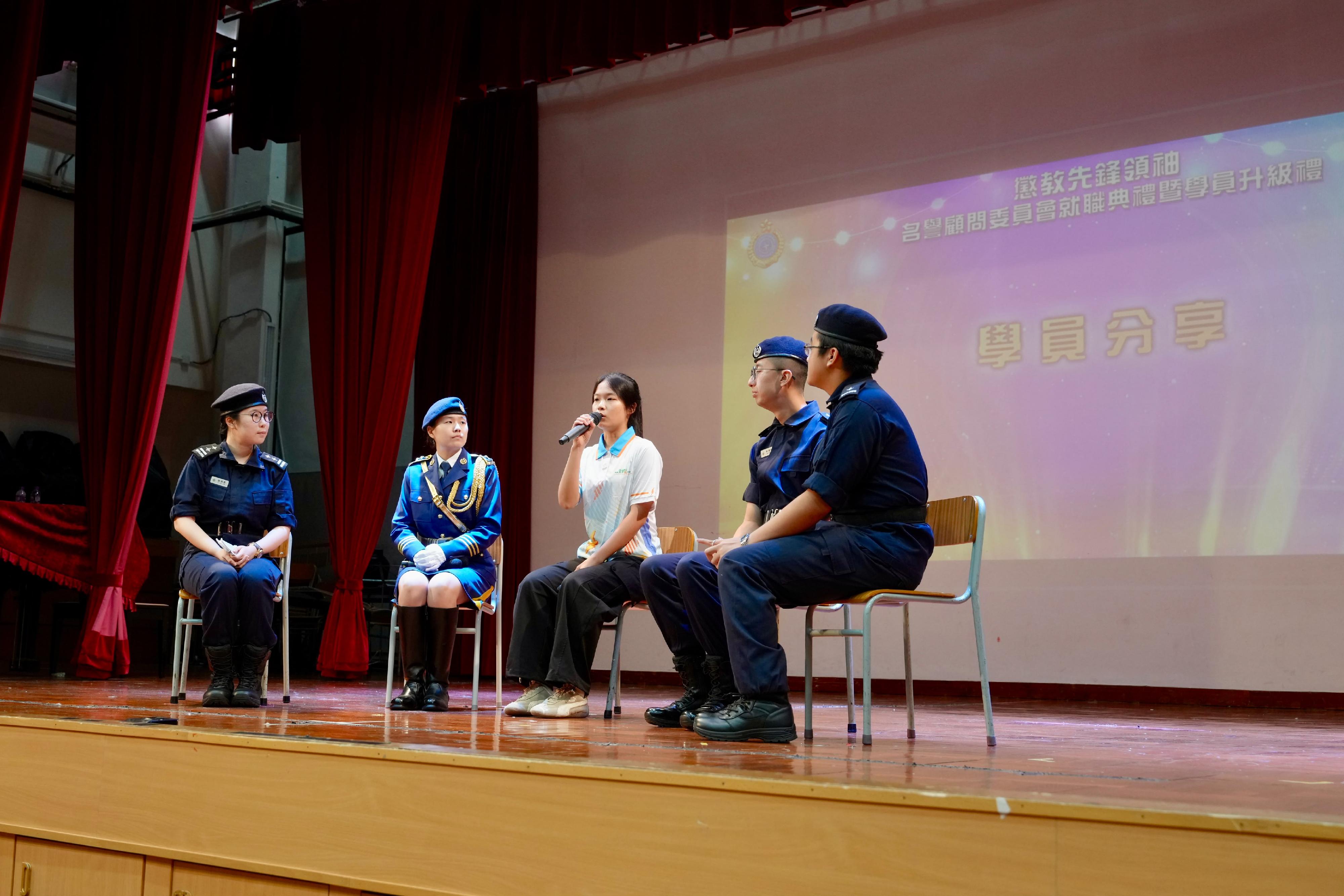 The Correctional Services Department today (October 3) held the Inauguration Ceremony for the Honorary Advisory Committee of the Correctional Services Pioneer Leaders (CSPL) and Trainees Promotion Ceremony to appoint new committee members and commend outstanding trainees. Photo shows CSPL trainees sharing their experiences from participating in the programme.